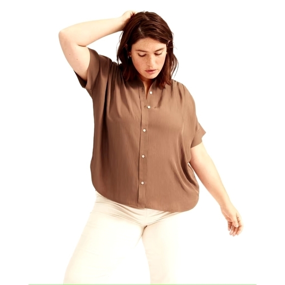 Everlane Shirt 00 2XS Women Brown Coco Button Up Short Sleeve Japanese Go Weave - Picture 1 of 16